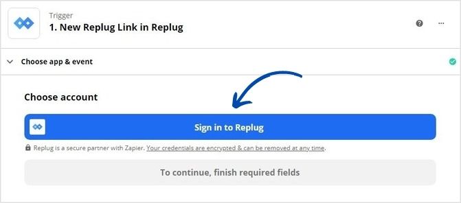 Sign in to Replug using Zapier