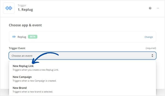 Add New Replug Link to add trigger event