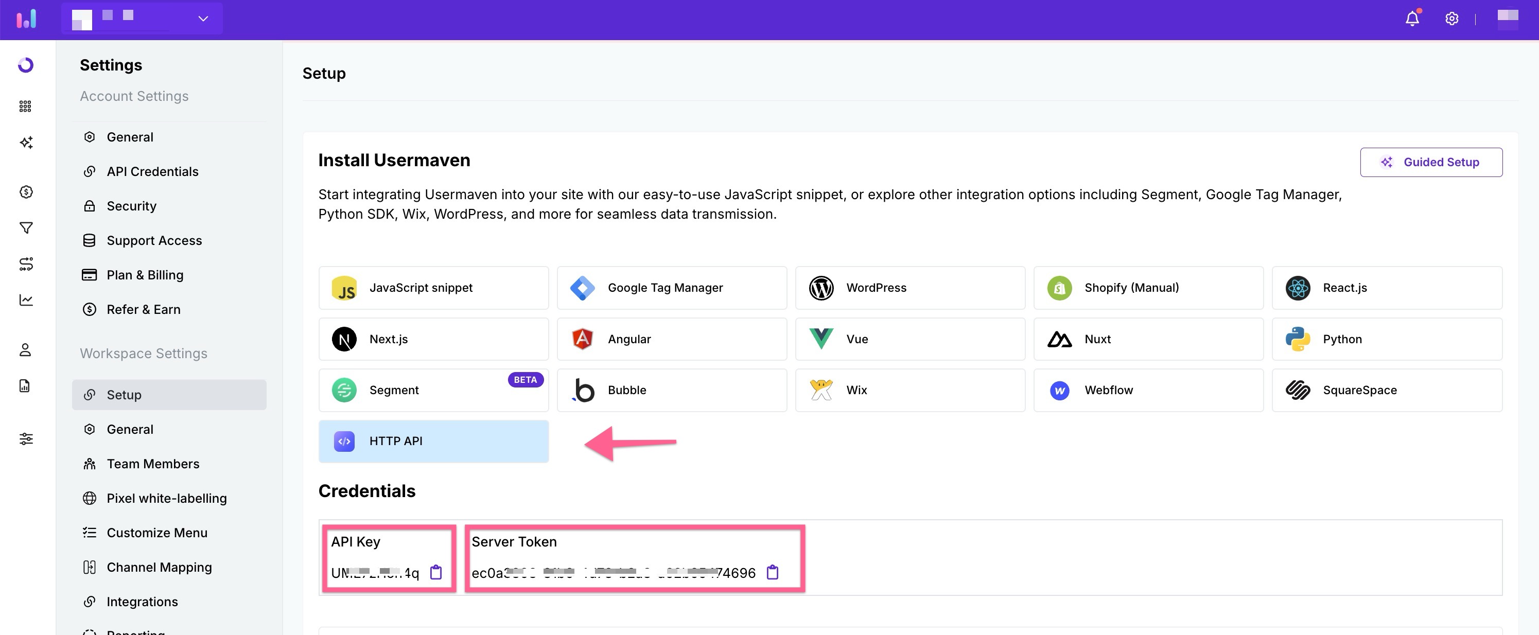 API credentials location in Usermaven settings