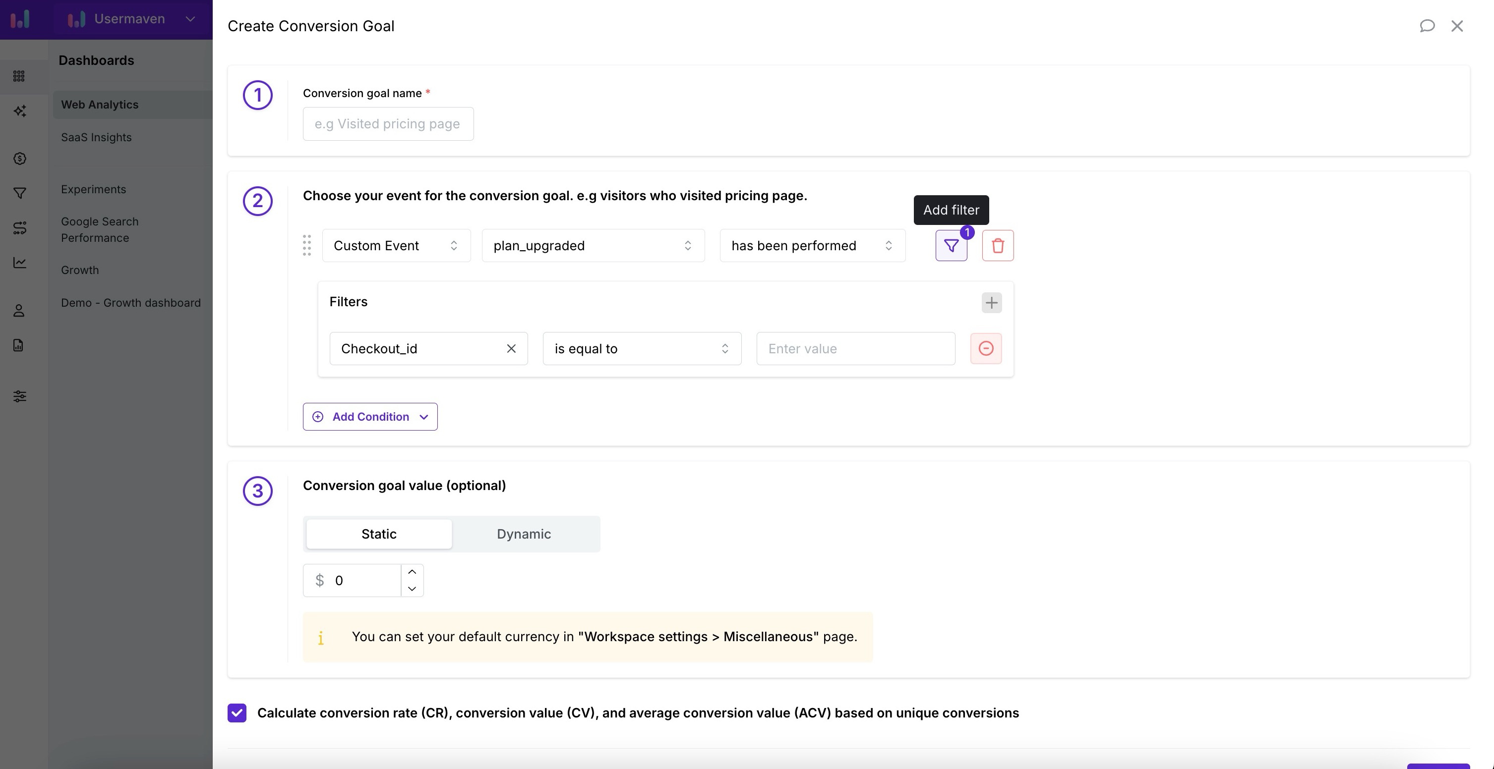 Screenshot of filtering a custom event by a property when creating a conversion goal in Usermaven.