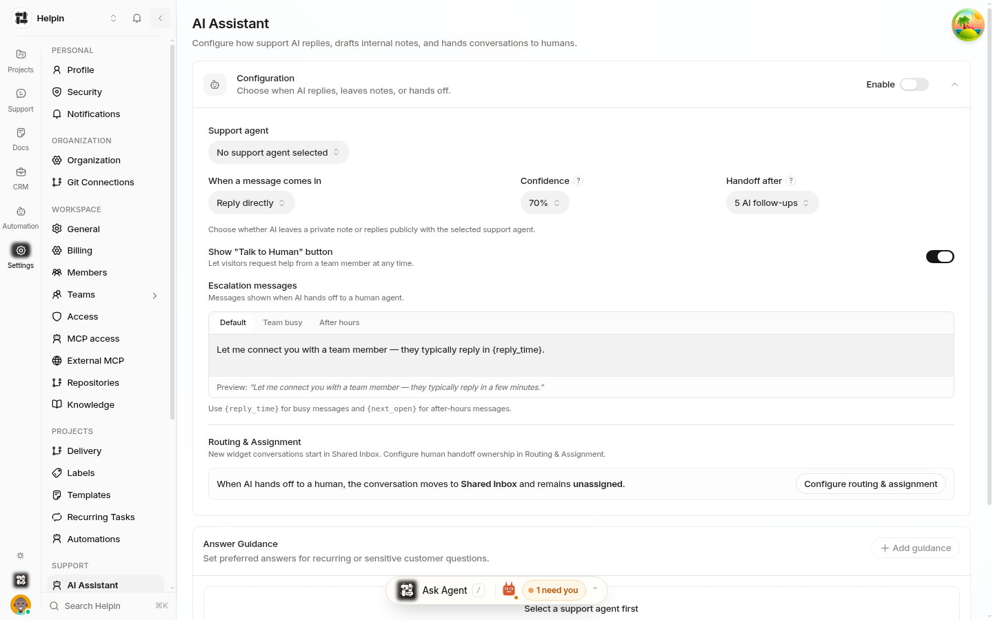 AI Assistant settings page