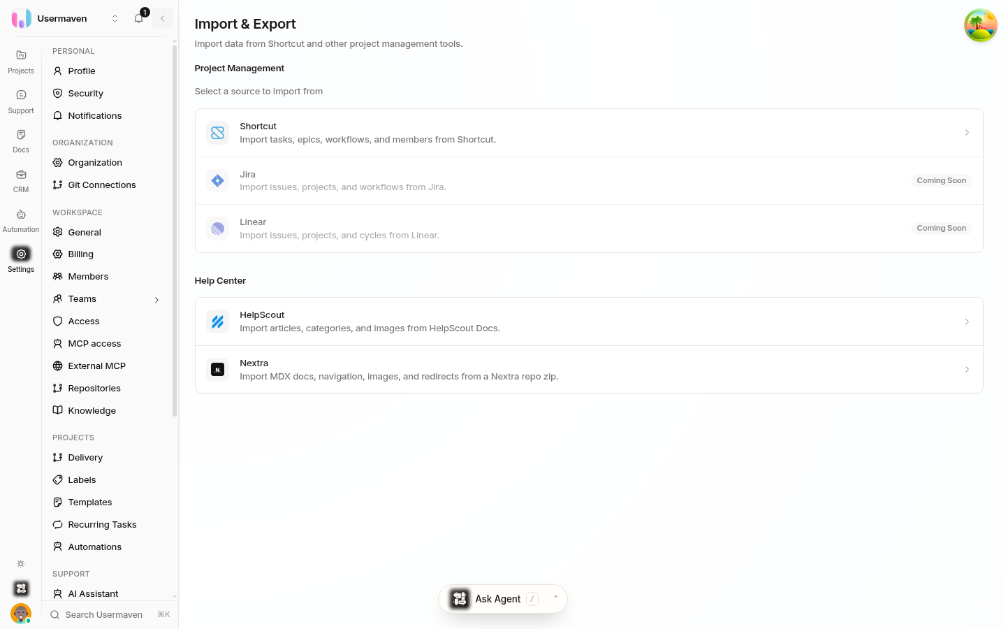 The Helpin Import & Export settings page: the Project Management group with the Shortcut import card and other importer cards, and the Help Center group with HelpScout and Nextra import cards.