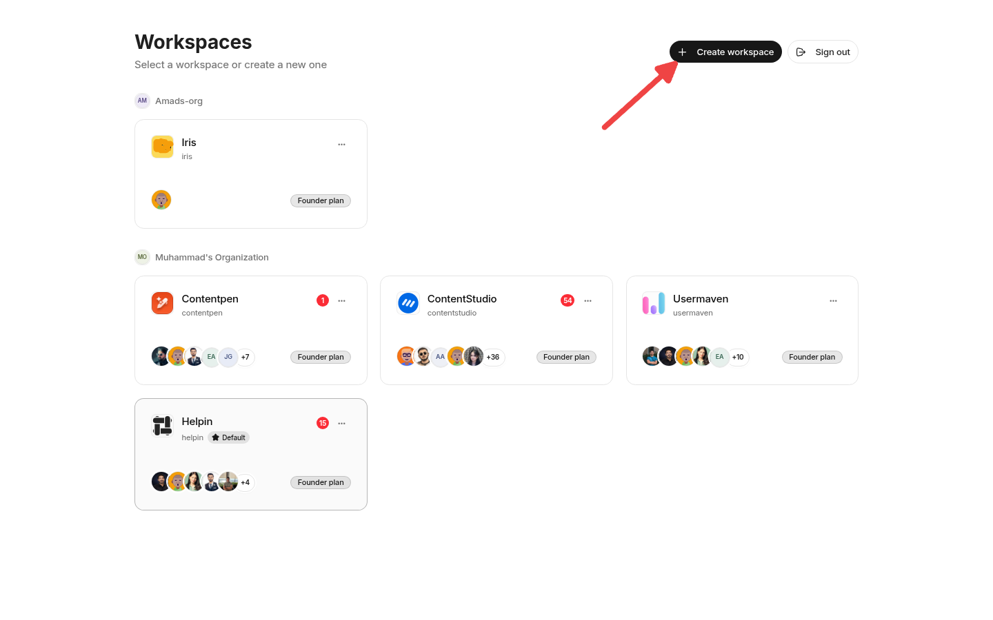 Helpin workspace chooser showing organization headings, workspace cards, plan labels, workspace menus, and the Create workspace button.