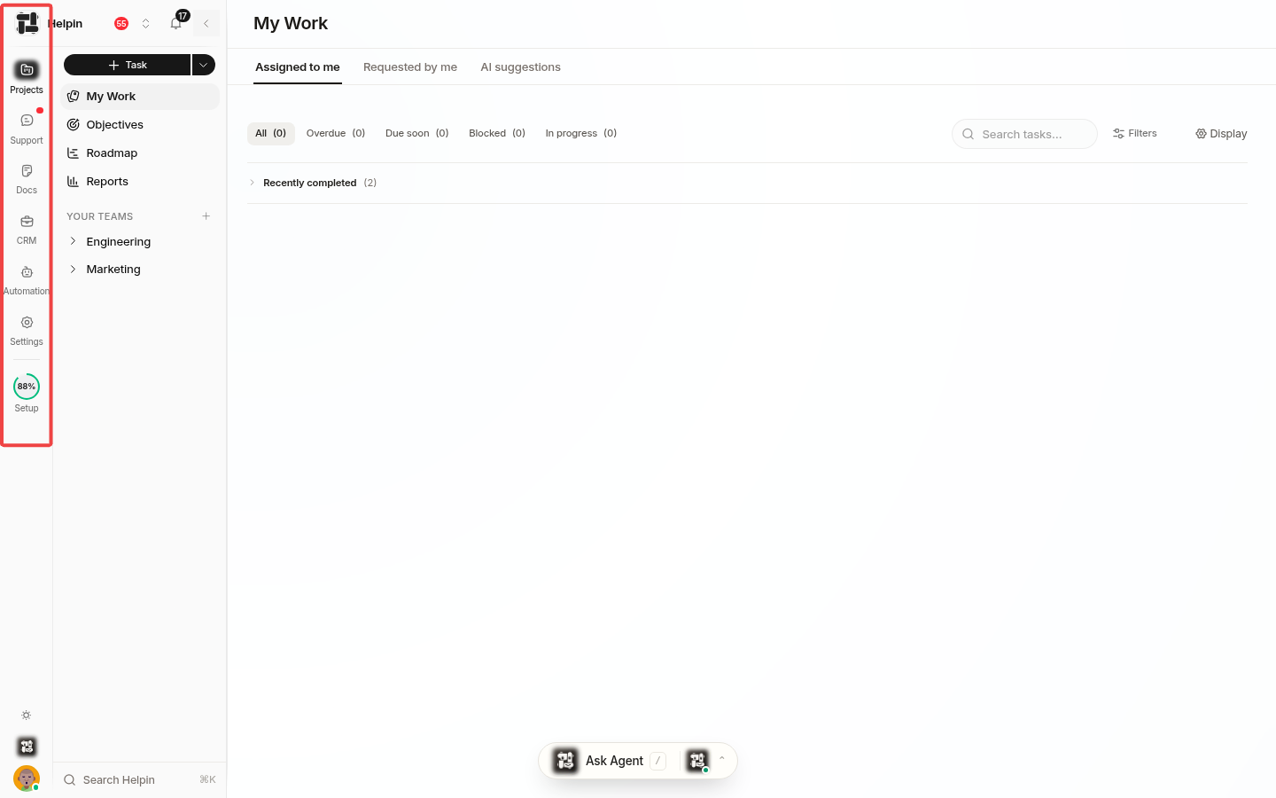 Helpin My Work page showing the main sidebar with Projects, Support, Docs, CRM, Automation, Settings, Setup, and Ask Agents, plus Assigned to me, Requested by me, AI suggestions, filters, and team navigation.