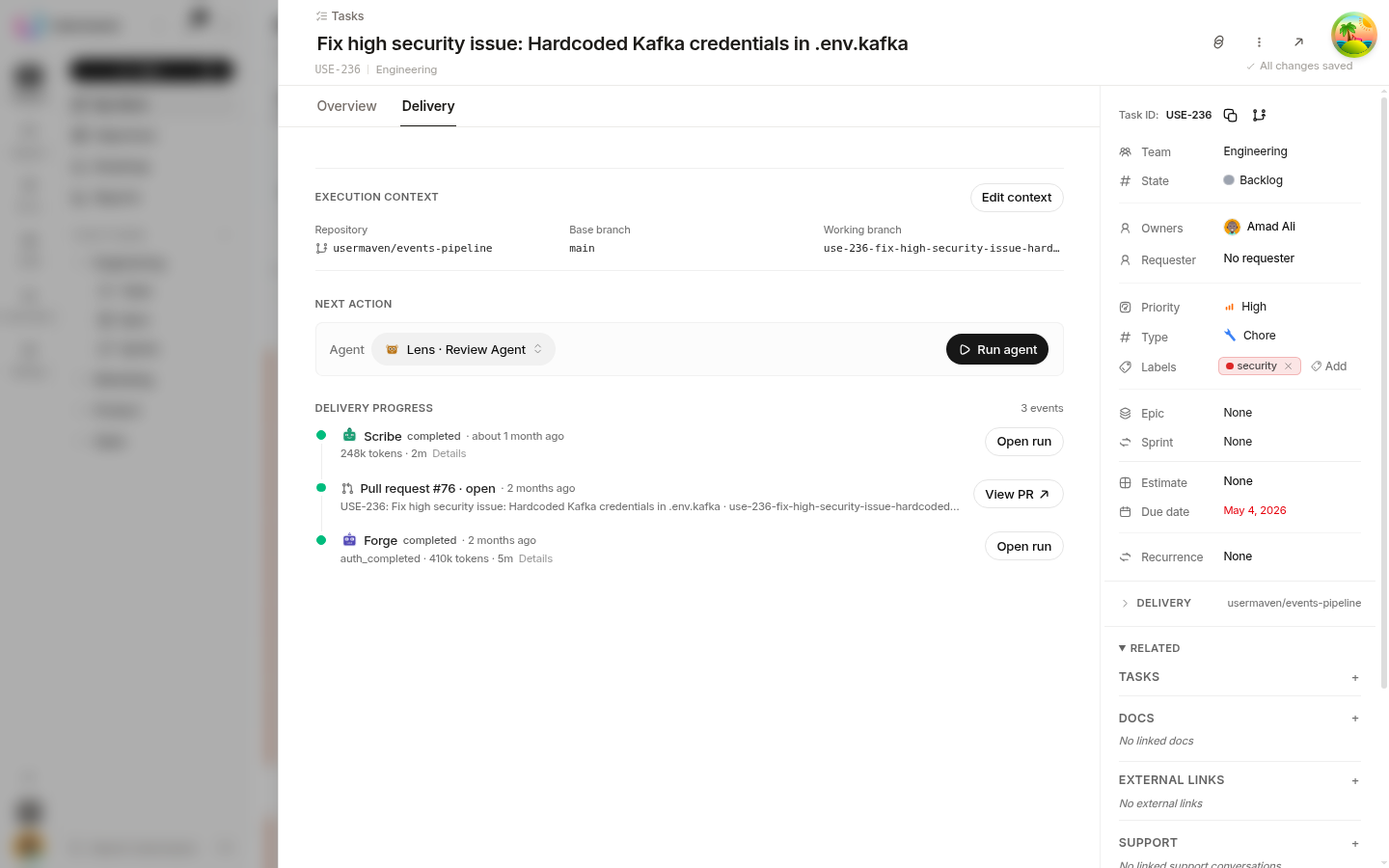 The Delivery tab of a Helpin task: the Execution context card with Edit context, the Next action section with an agent picker (Lens · Review Agent) and Run agent button, and the Delivery progress list with open runs and a View PR link.