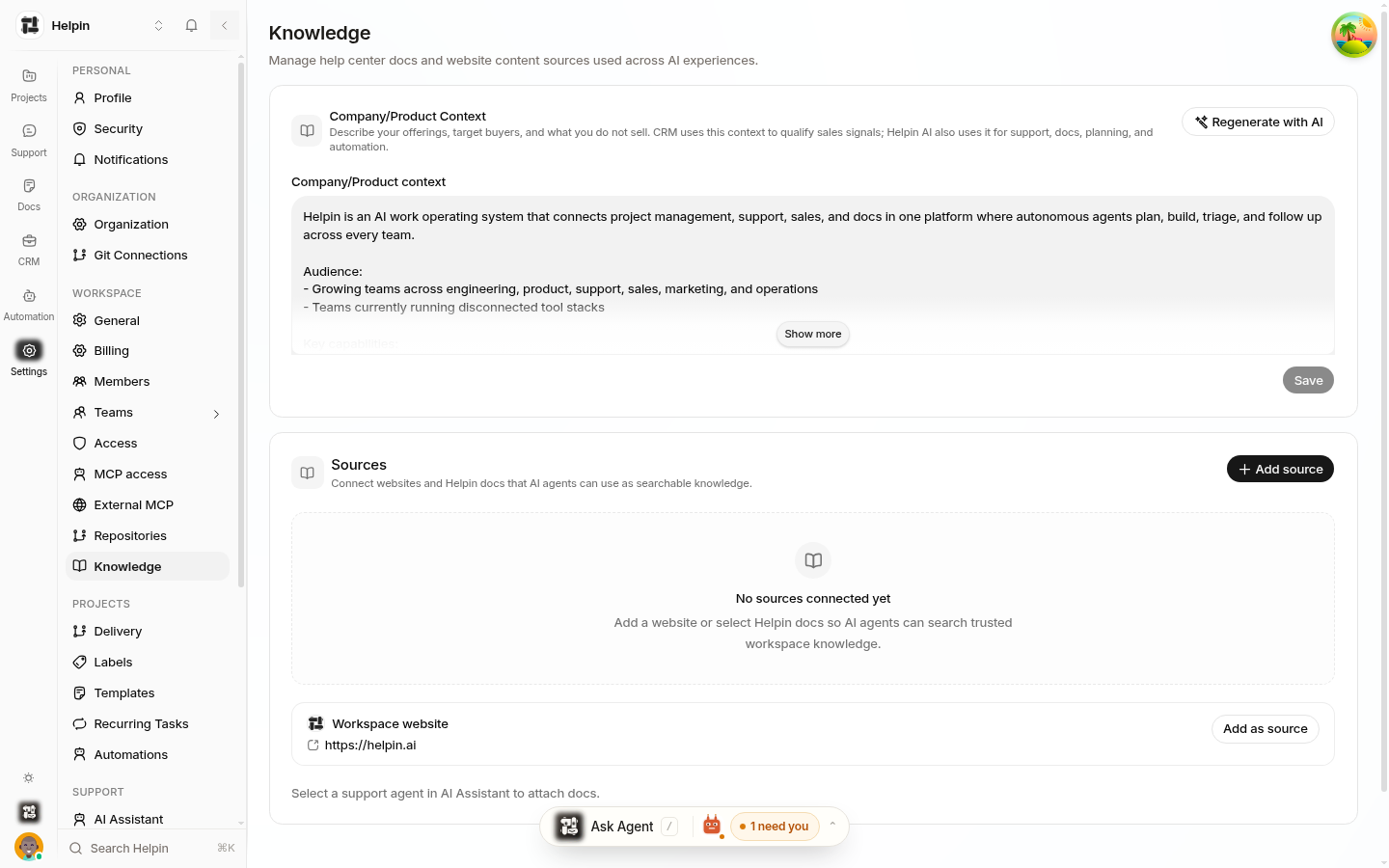 Knowledge settings page