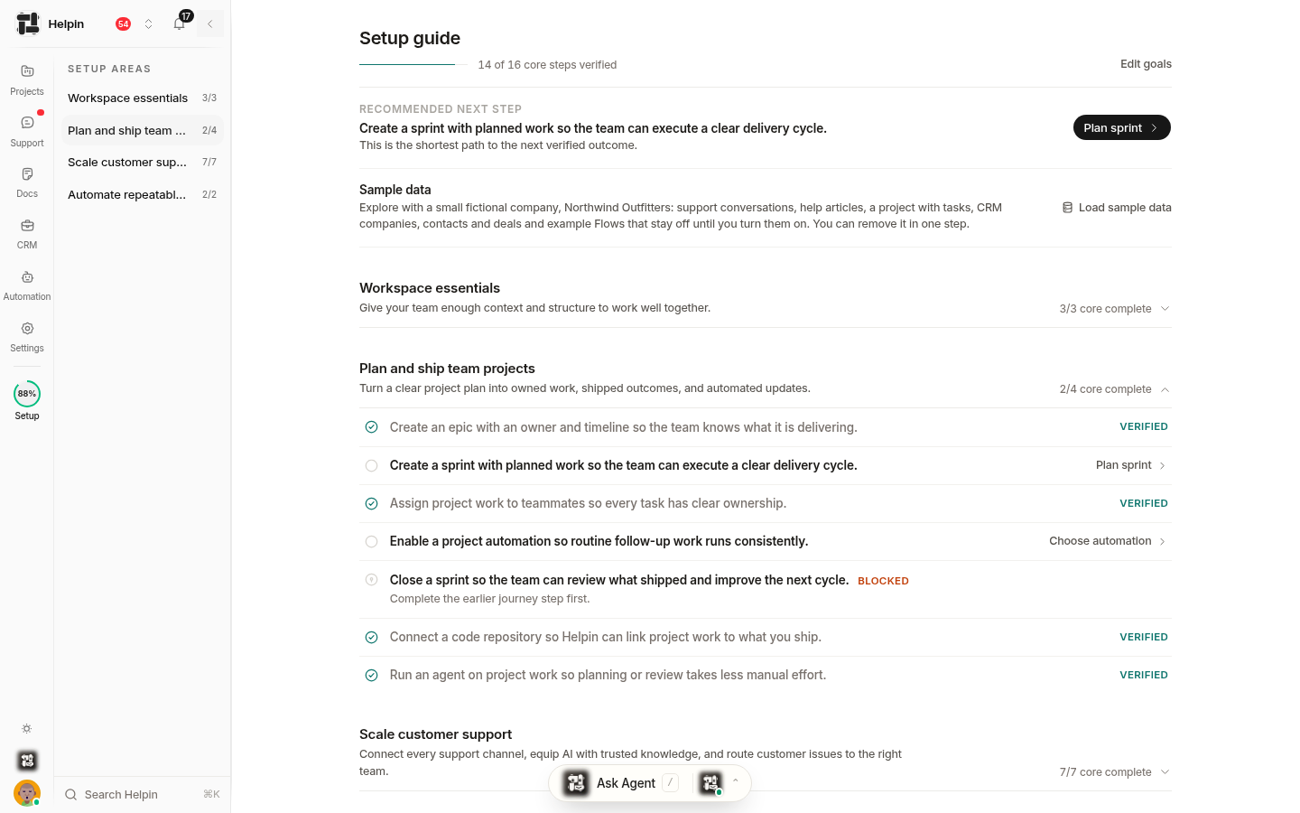 Helpin Setup guide with the main sidebar, setup journeys, recommended next step, sample data controls, and progress for workspace, projects, support, and automation.