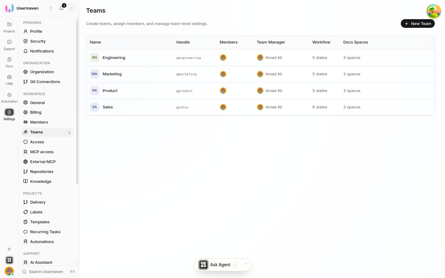 The Helpin Teams settings page: the team table with Name, Handle, Members, Team Manager, Workflow and Docs Spaces columns, and the New Team button.