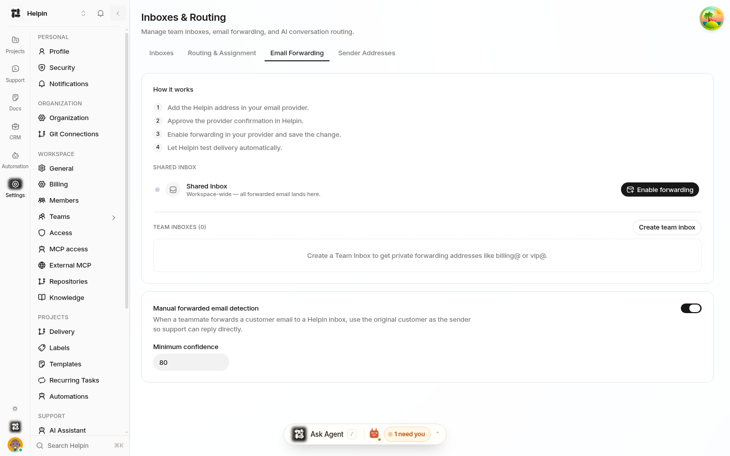 Email Forwarding settings tab