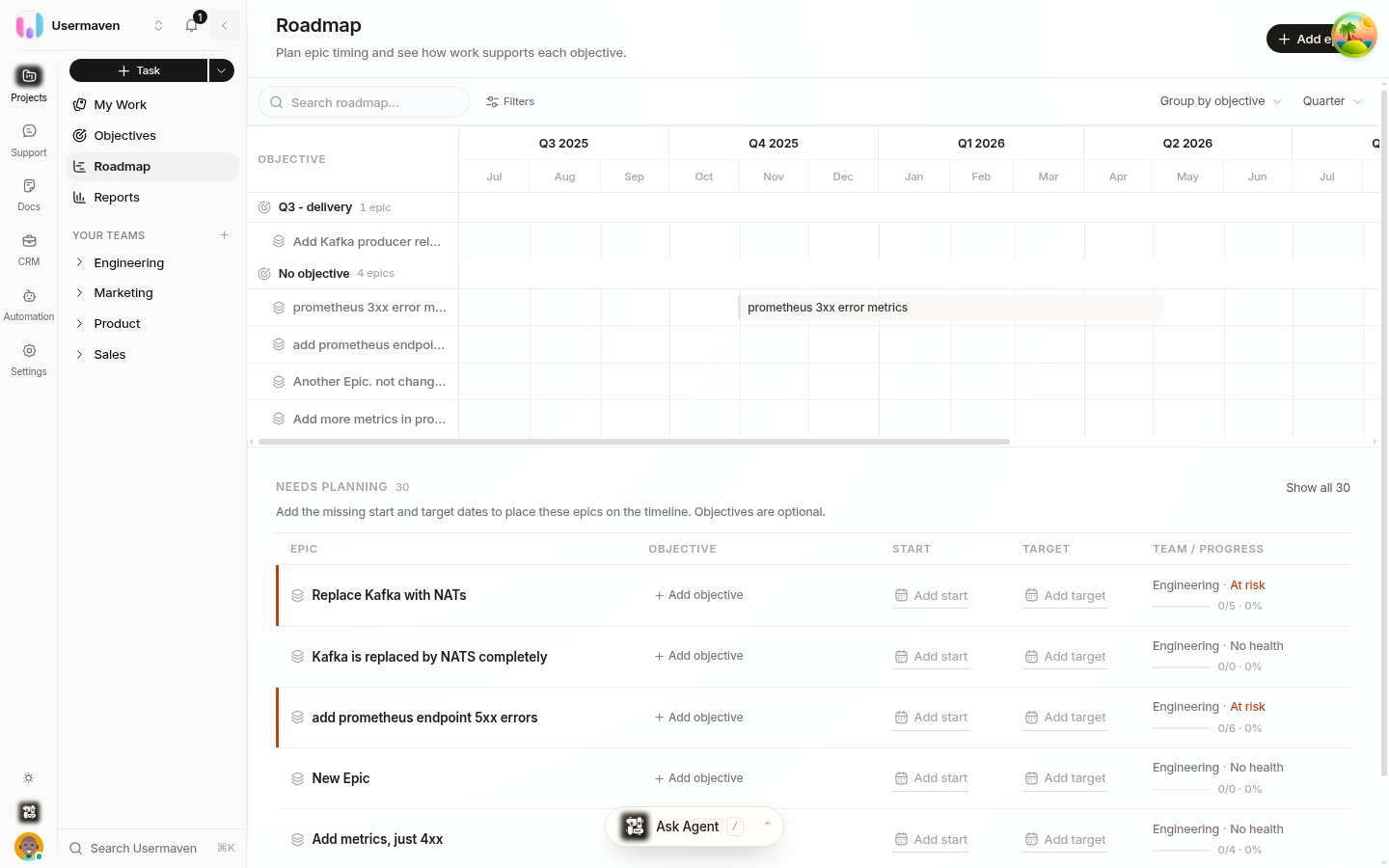 The Helpin Roadmap page: a Gantt-style timeline with epic bars across weeks or months, grouped and colored by team, with the PM sidebar (My Work, Objectives, Roadmap, Reports).