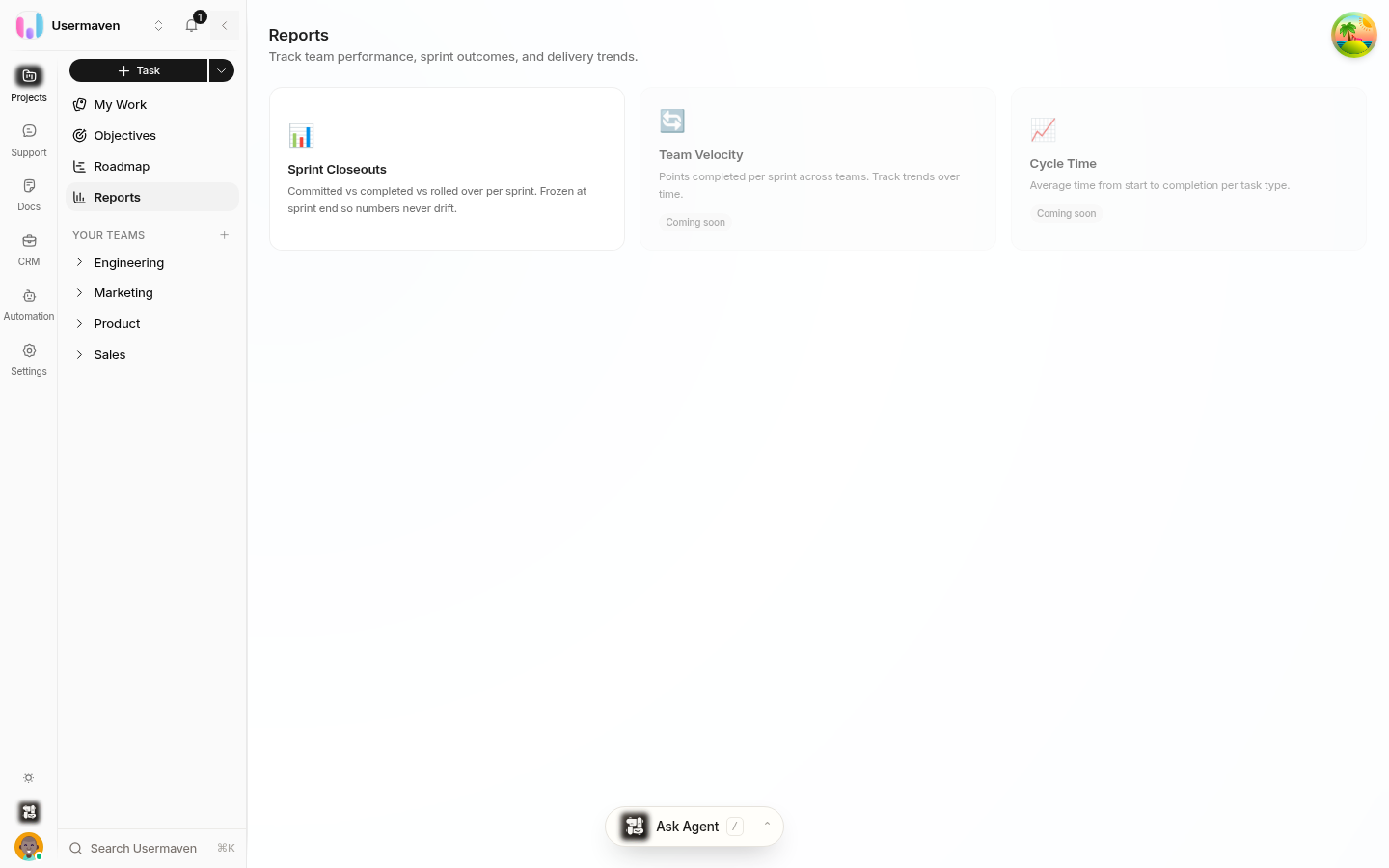 The Helpin Reports landing page with the Sprint Closeouts card (committed vs completed vs rolled over per sprint, frozen at sprint end) and other report cards.