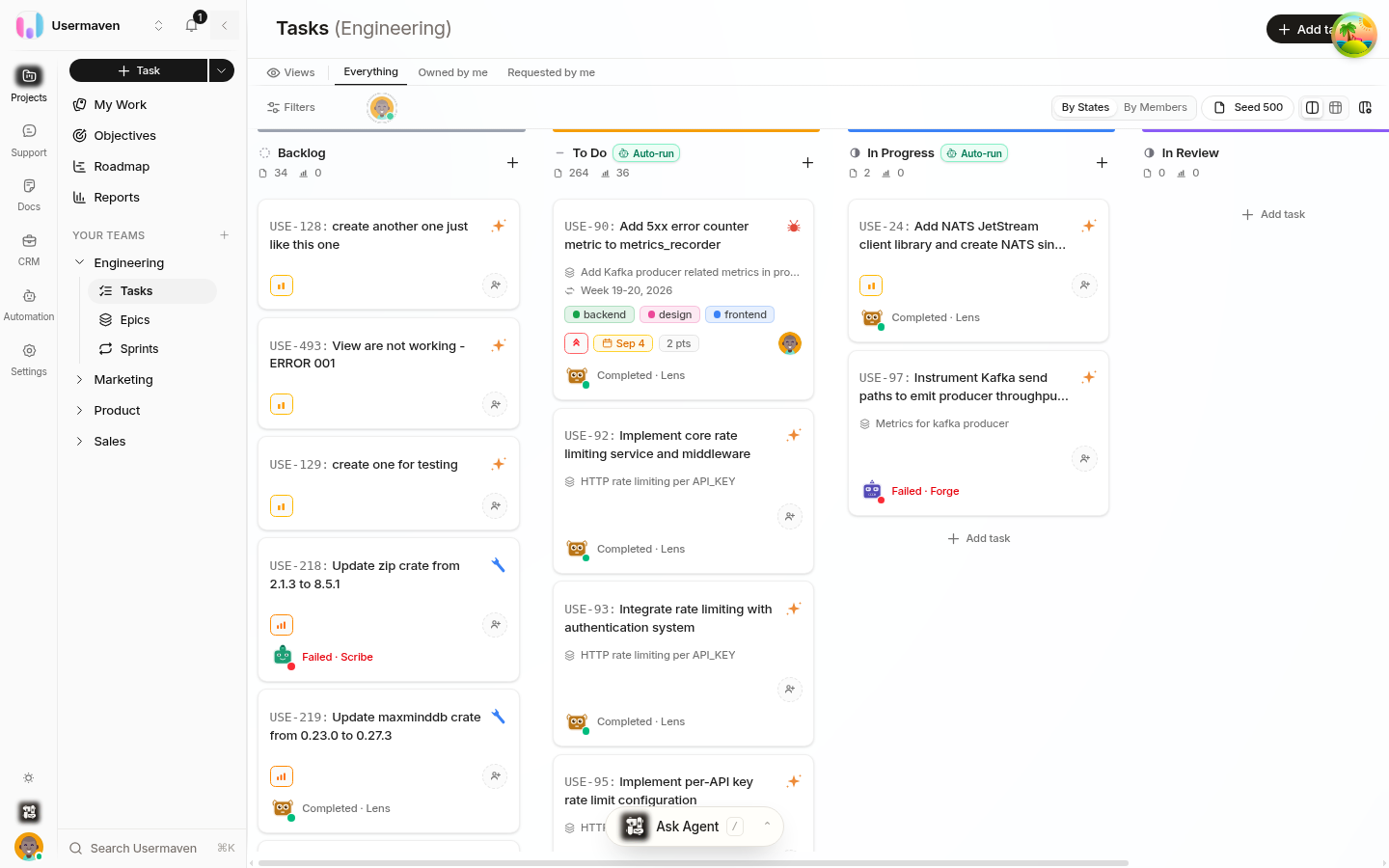 The Helpin board (Kanban) view for the Engineering team: columns for each workflow state with card counts, cards showing story ID, title, type, owner, estimate, labels, priority and due-date badges, and the sidebar with team Tasks/Epics/Sprints navigation.
