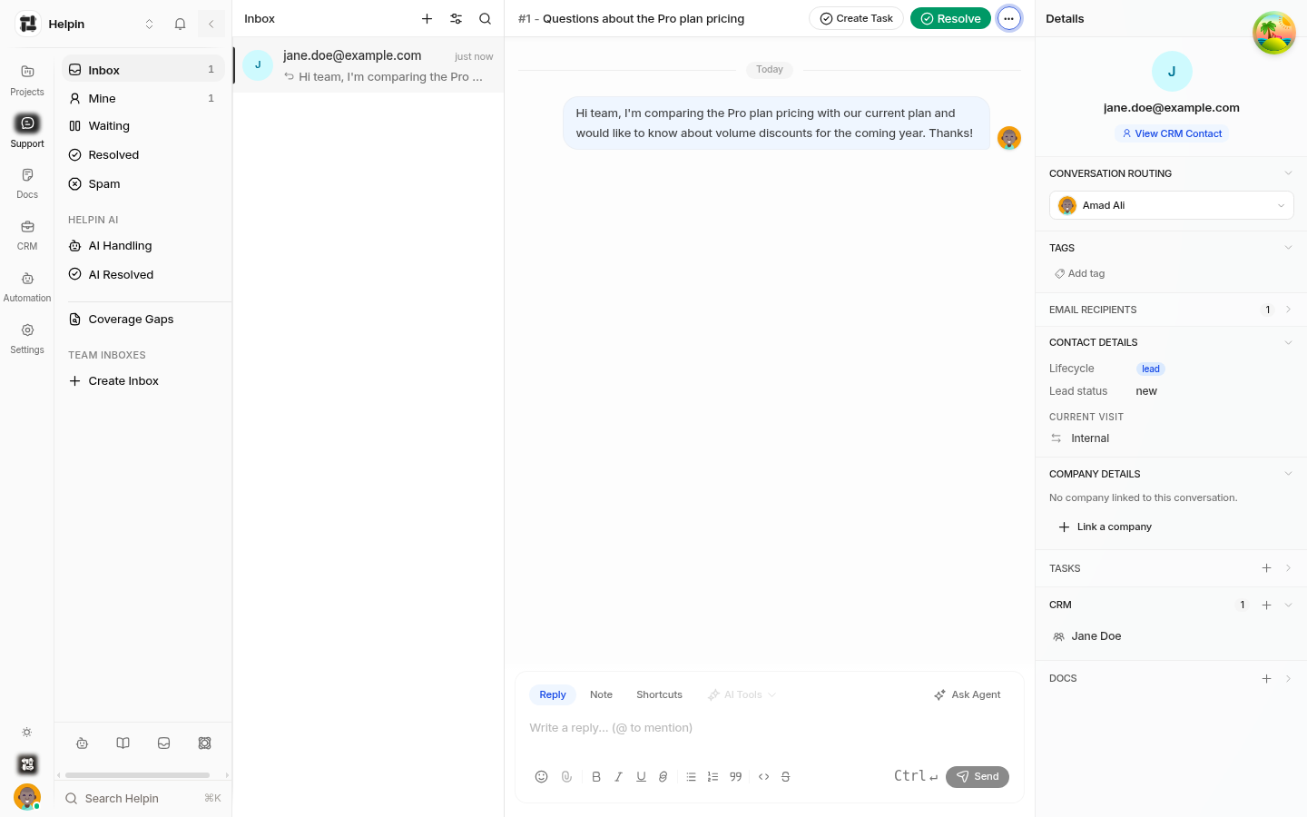 The Support Inbox with a conversation open, showing the thread, composer, and Details panel