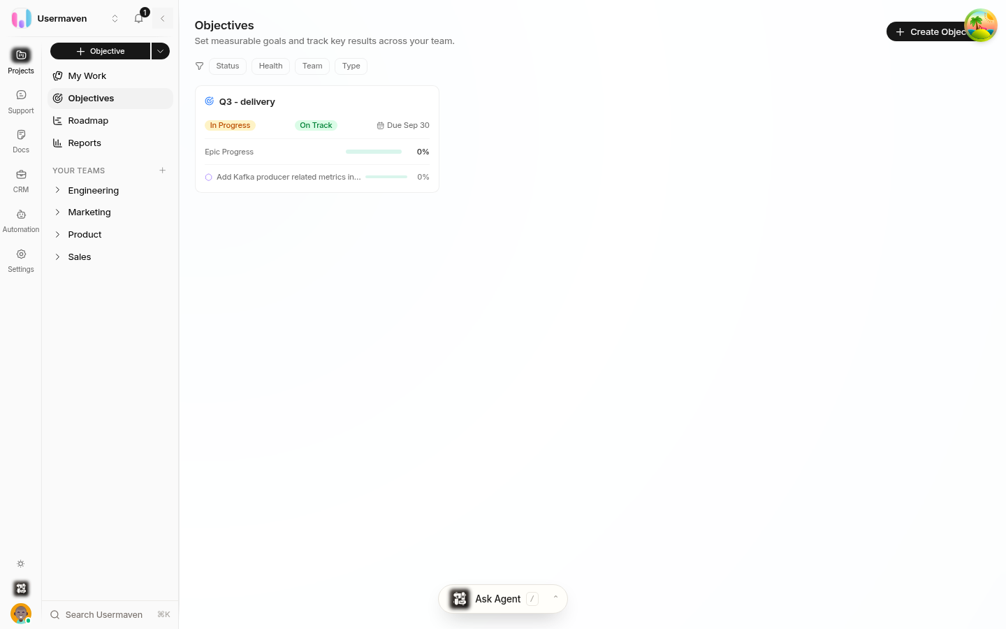 The Helpin Objectives page under Projects: the objectives list with statuses, teams, owners and progress, plus the Create Objective control.