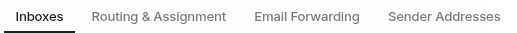 Privacy-safe crop of the Helpin Inboxes and routing tabs showing Inboxes, Routing and Assignment, Email Forwarding, and Sender Addresses.