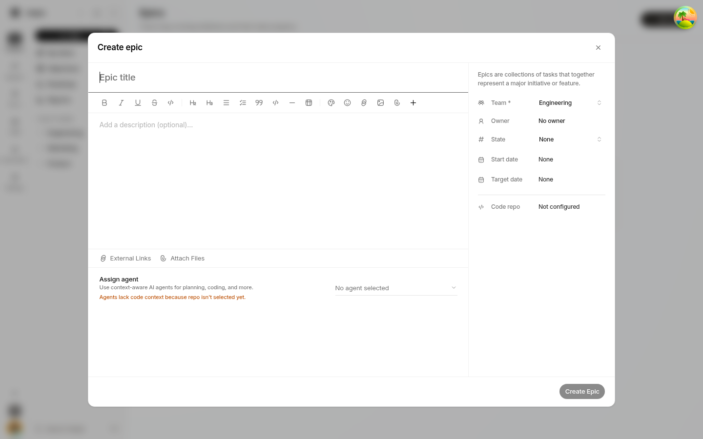 Create Epic dialog showing the epic title and description editor on the left and metadata fields (Team, Owner, State, Start date, Target date, Code repo) on the right, with a Create Epic button.