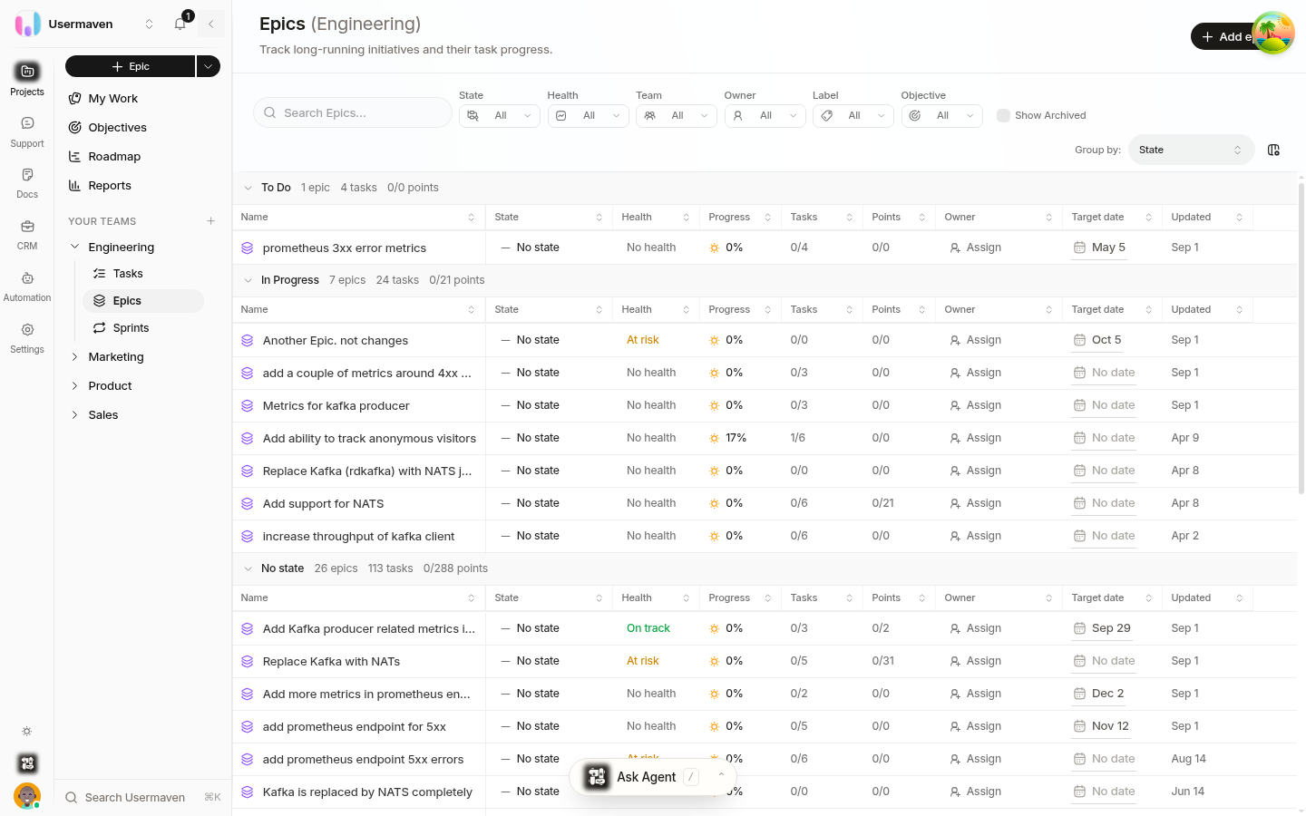 The Helpin Epics page for the Engineering team: the team sidebar with Tasks, Epics and Sprints, and the epic list showing epic names, health and progress, with the Add epic control.