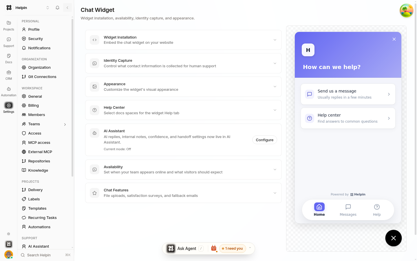Chat Widget settings page