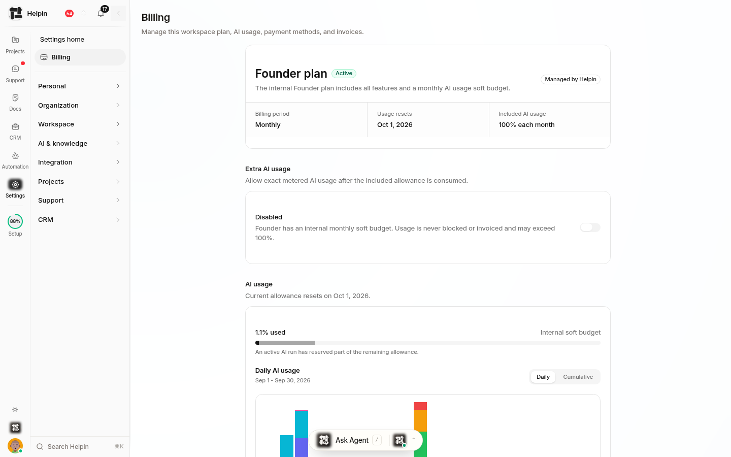 Helpin Billing settings page showing Founder plan, Extra AI usage, AI usage charts, daily and cumulative controls, feature names, model sizes, action counts, share of allowance, and billing management.
