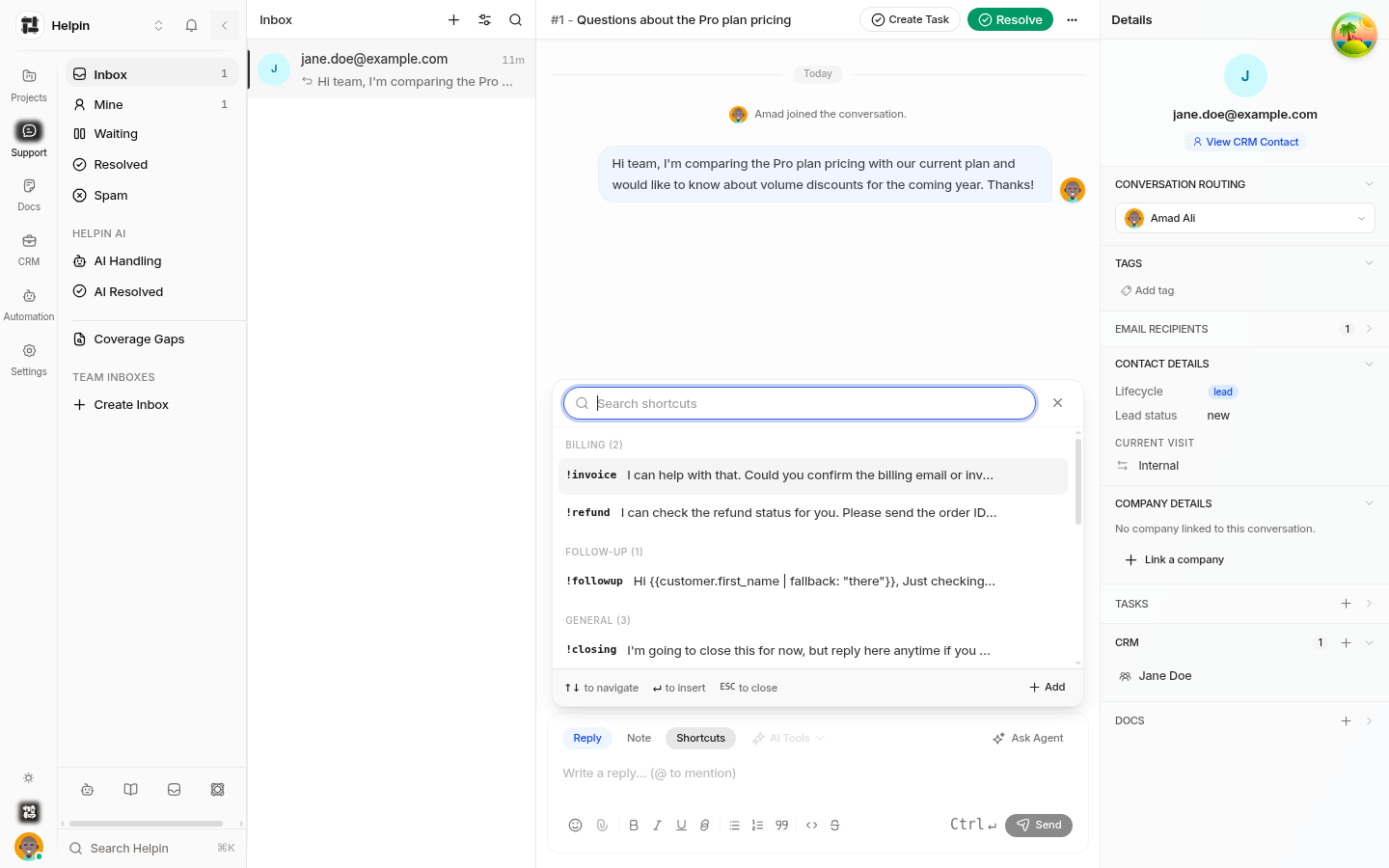 Shortcuts panel with search and canned responses