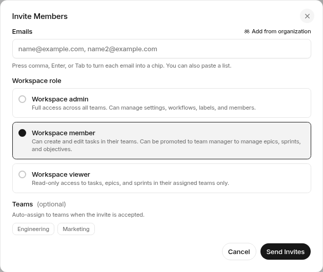 Helpin Invite Members dialog showing email entry, Workspace admin, Workspace member, Workspace viewer, team selection, Cancel, and Send Invites.