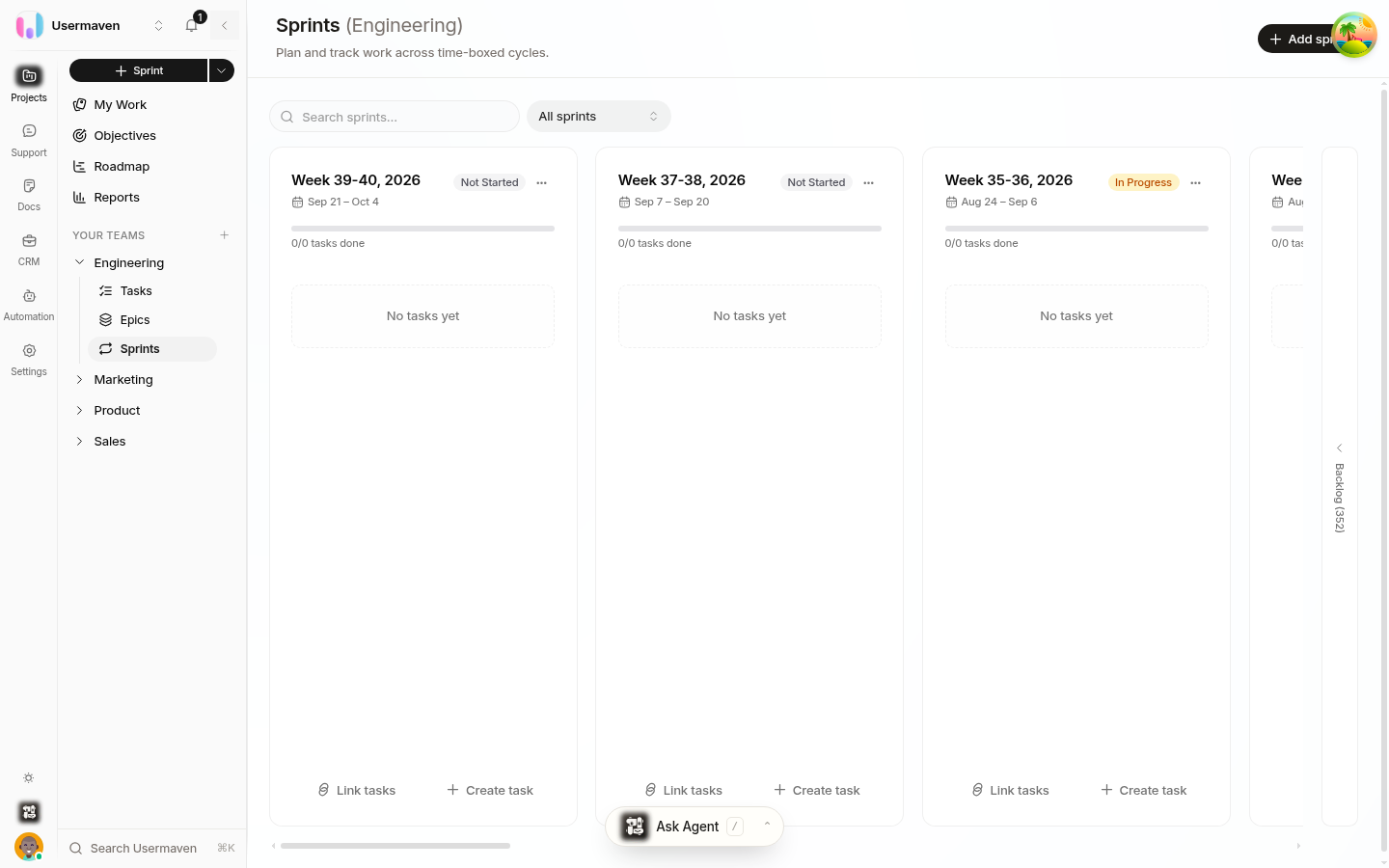 The Helpin Sprints page for the Engineering team: the sidebar with My Work, Objectives, Roadmap, Reports and team sections, and the sprint list with the Add sprint control and sprint statuses.