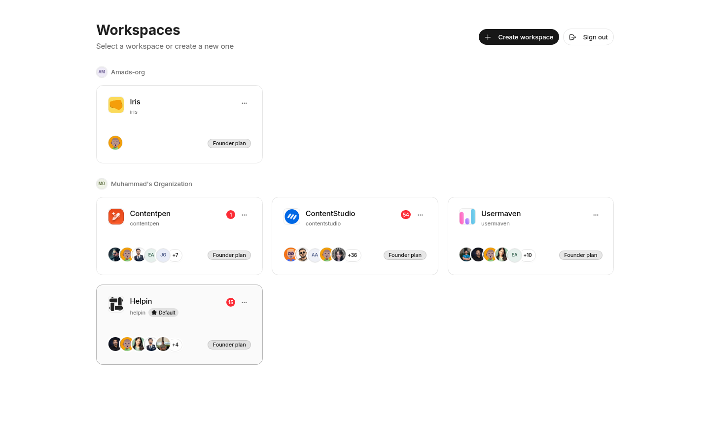 Helpin workspace chooser showing organizations, separate workspace cards, plan labels, workspace options, and the Create workspace button.