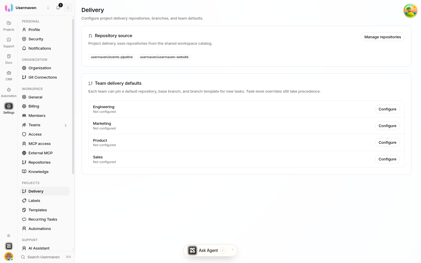 The Helpin Delivery settings page: a Manage repositories button and a list of teams, each with a Configure button for setting the team's repository, base branch, and branch naming defaults.