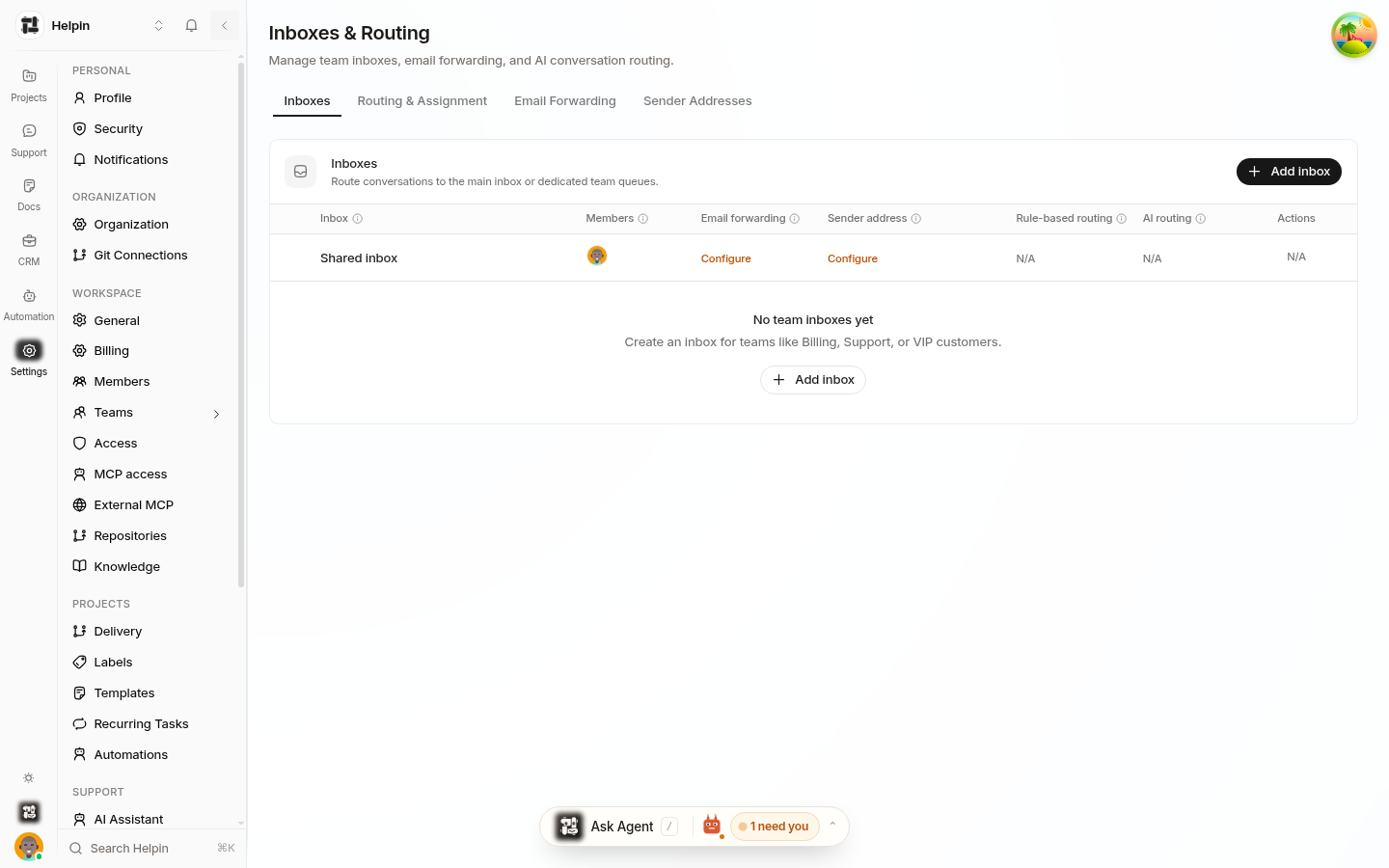 Inboxes tab of Inboxes & Routing settings