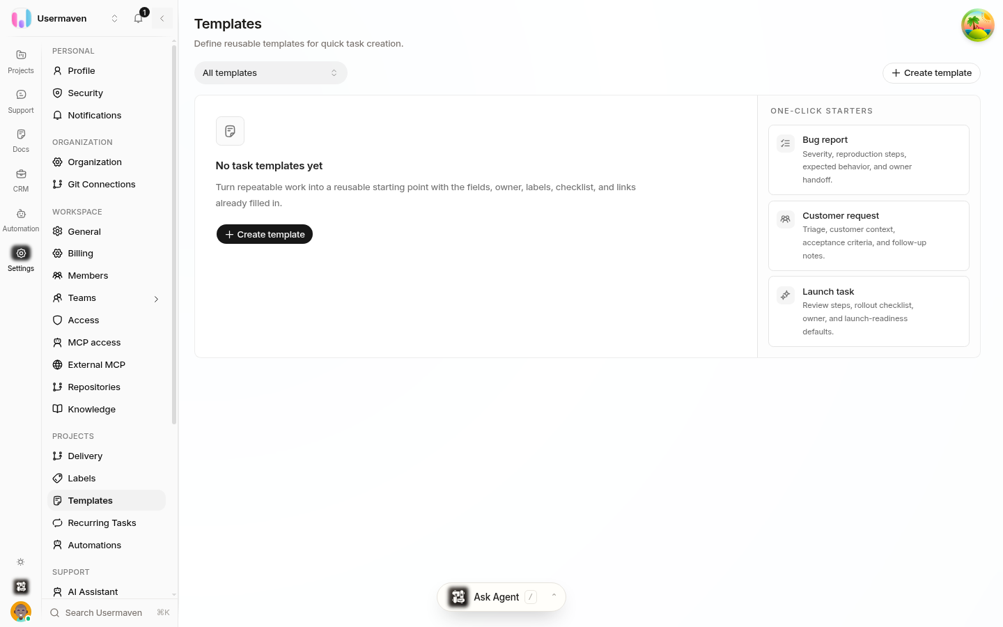 The Helpin Templates settings page (Settings > Templates): a template filter (All templates), the Create template button, the empty state "No task templates yet", and starter template cards (Bug report, Customer request, Launch task) each with a Create action.