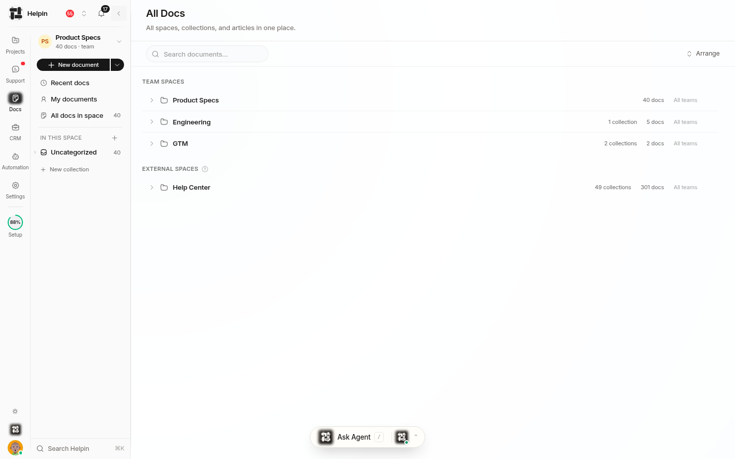 Helpin Docs page showing the top-level product navigation, team spaces, an external Help Center space, recent documents, personal documents, search, and creation controls.