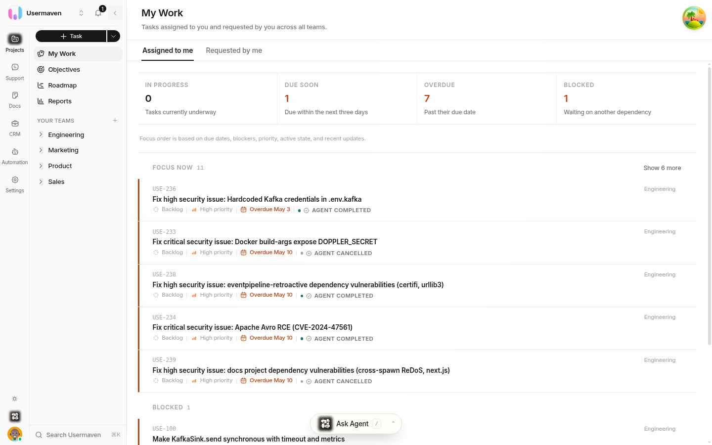 The Helpin Projects module My Work page: PM navigation with My Work, Objectives, Roadmap, Reports in the sidebar, the Assigned to me and Requested by me tabs, and a list of the user's assigned tasks with team, state, priority and due-date badges.
