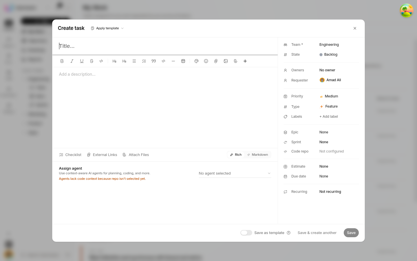 The Helpin create-task dialog: title and rich-text/Markdown description editor with checklist, external links and file attachments, an agent selector, and the sidebar fields (team, state, owner, requester, priority, type, labels, epic, sprint, due date, recurrence) with Apply template, Save and Save & create another buttons.