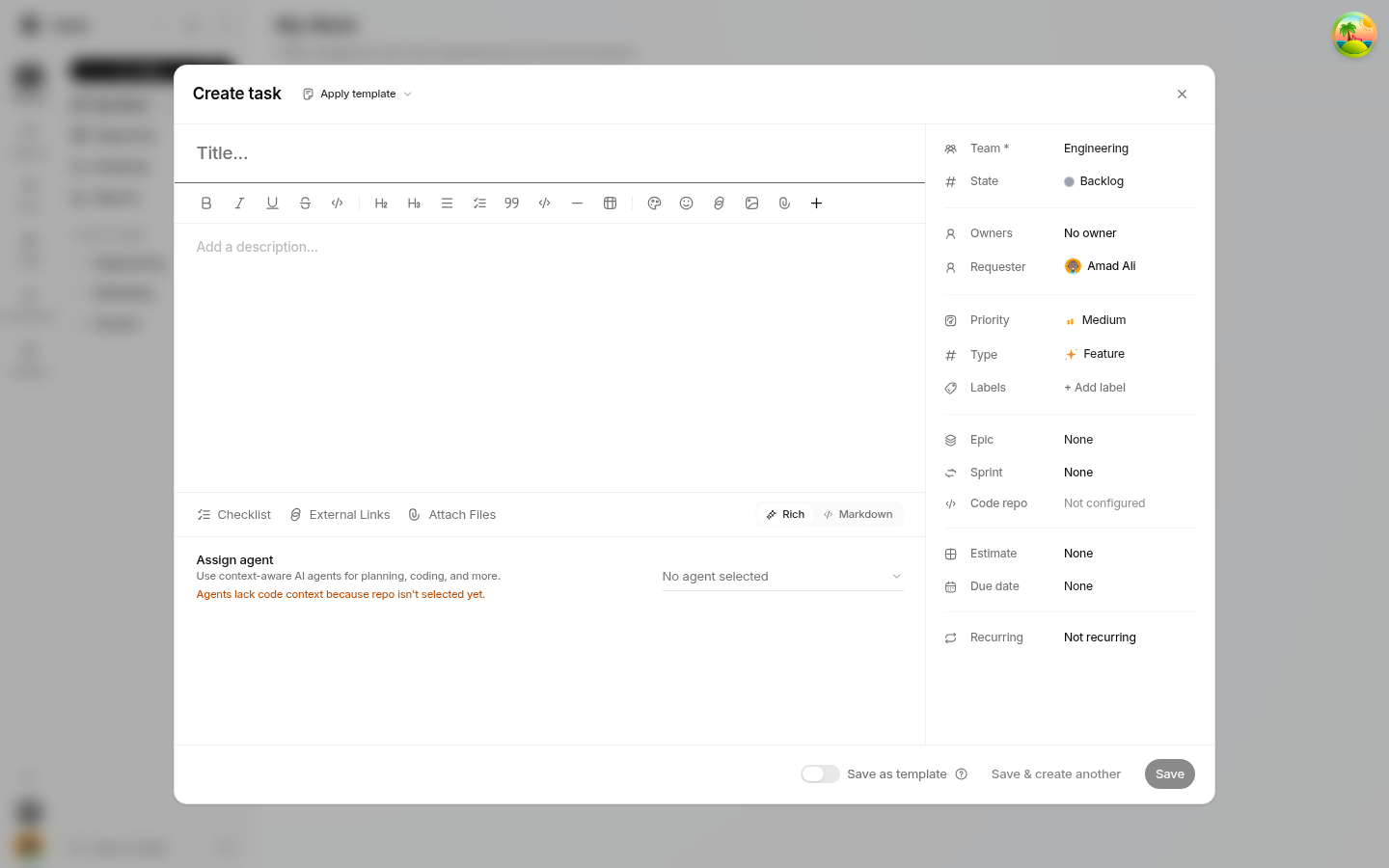 Create Task dialog showing the title and rich description editor on the left and metadata fields (Team, State, Owners, Requester, Priority, Severity, Type, Labels, Epic, Sprint, Code repo, Estimate, Due date, Recurring) on the right.