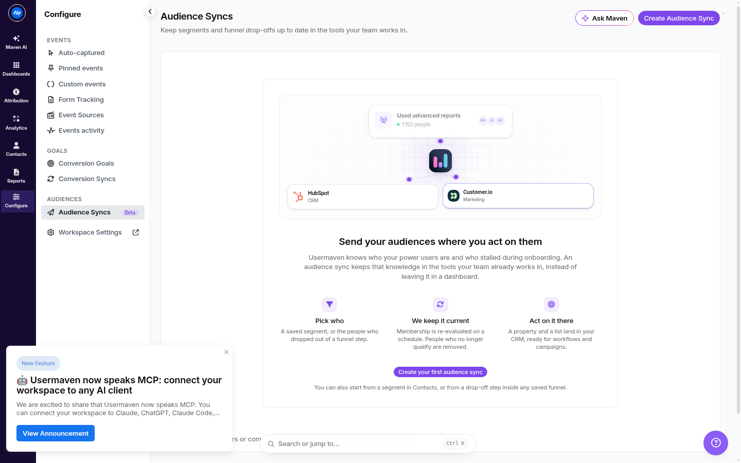 Usermaven Audience Syncs (Destinations) list page, showing where to view, manage, and create syncs.