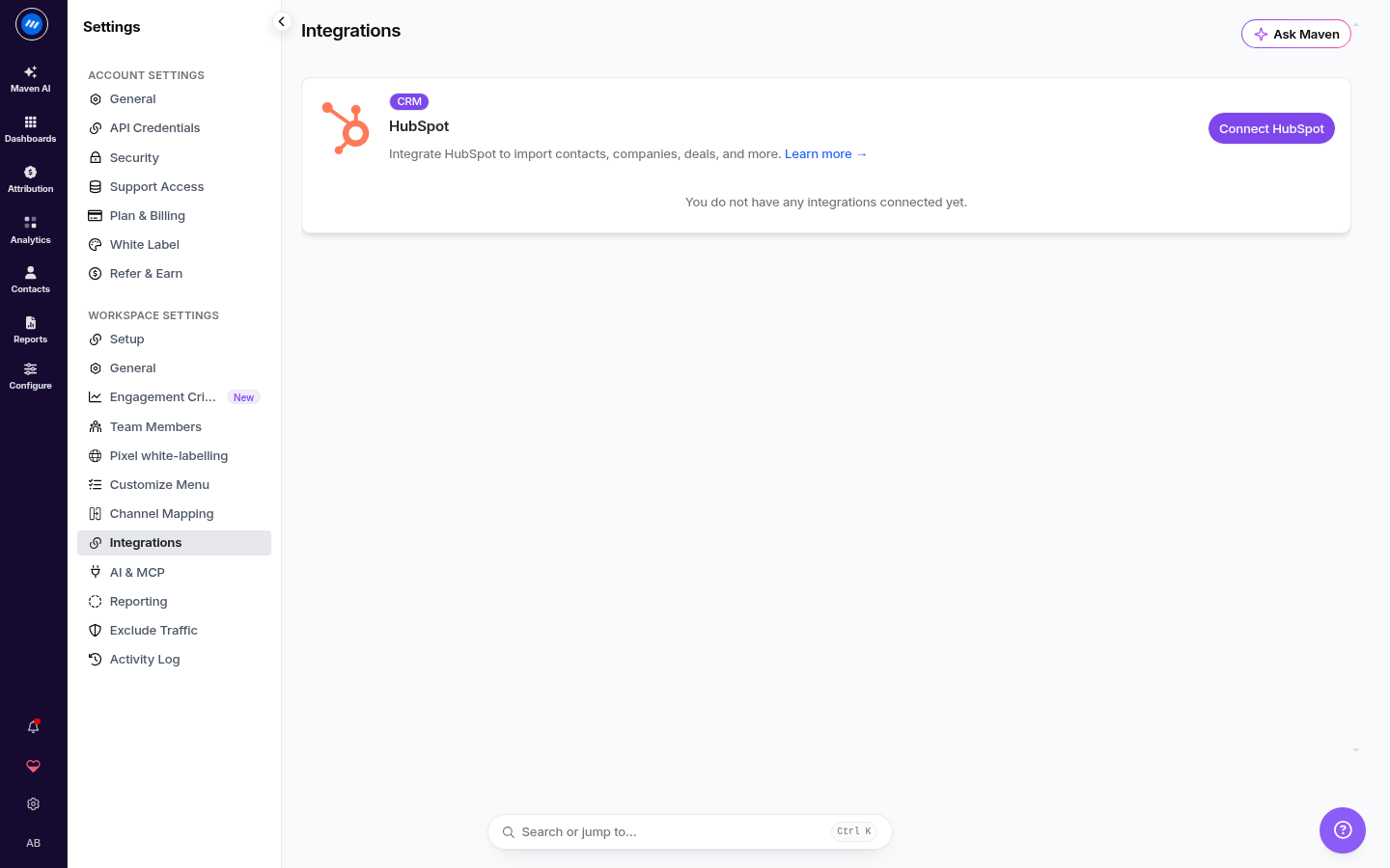 Usermaven workspace HubSpot integration page showing the Connect HubSpot button.