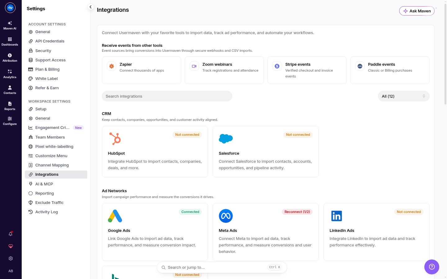 Usermaven Integrations page showing HubSpot and Customer.io as available destinations to connect.