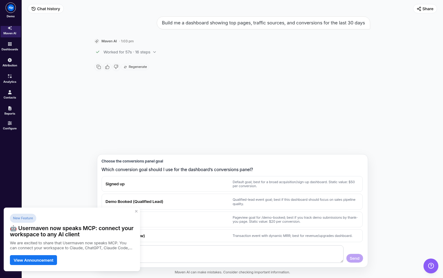 Live screenshot of Maven AI building a dashboard in the Usermaven dashboard
