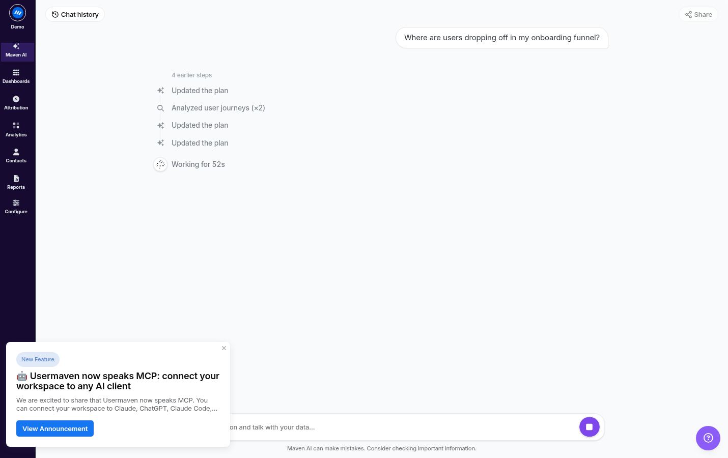 Live screenshot of Maven AI answering a question in the Usermaven dashboard