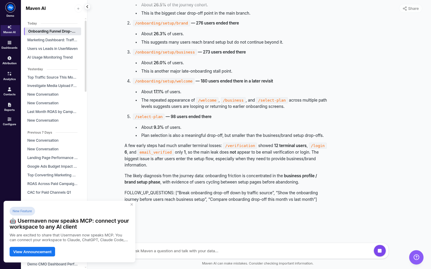 Live screenshot of Maven AI chat history in the Usermaven dashboard