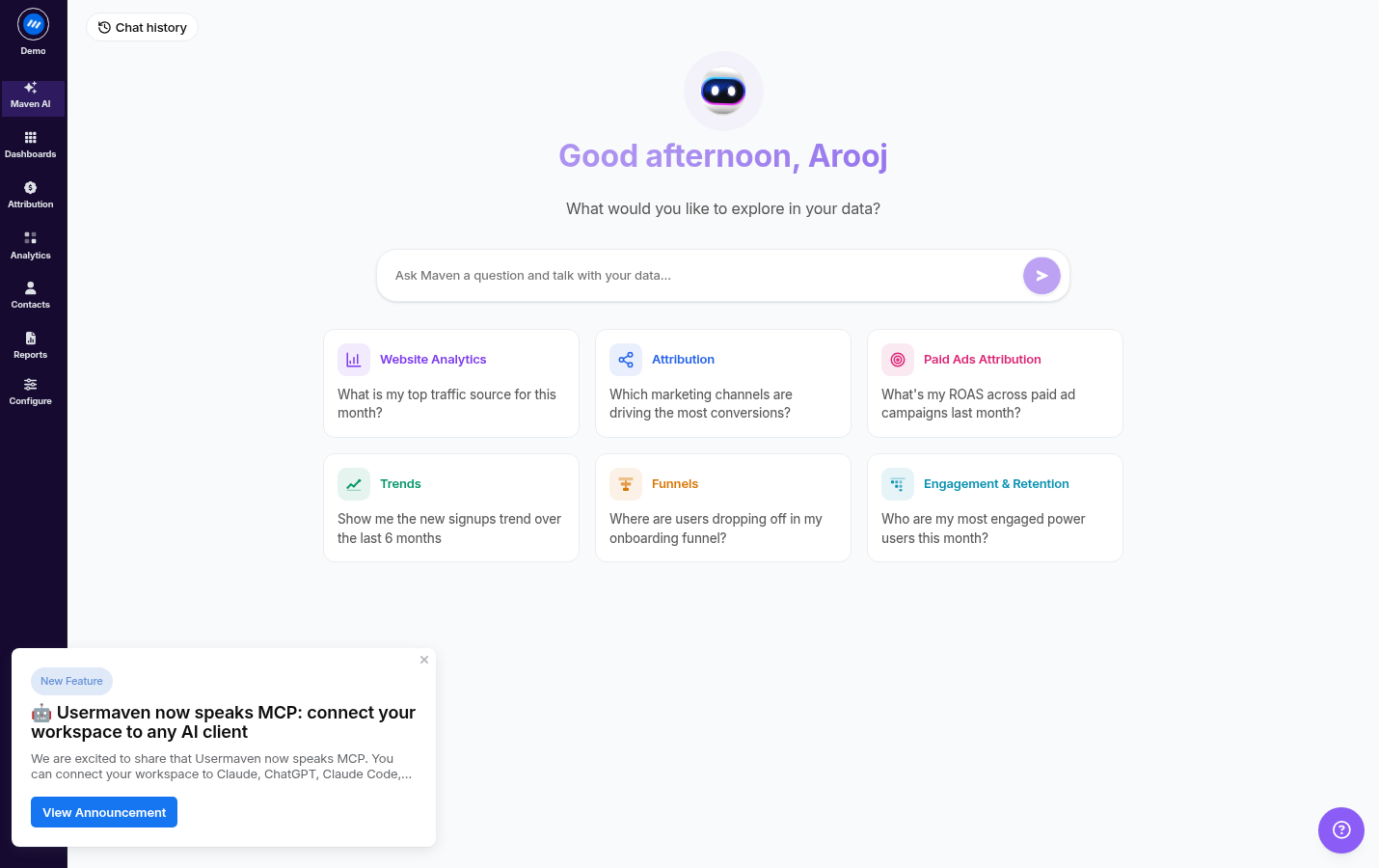 Live screenshot of the Maven AI welcome/new chat screen in the Usermaven dashboard