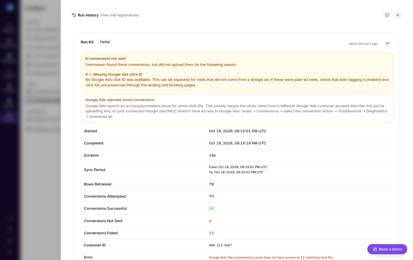 Conversion sync Run History drawer showing started and completed times, duration, sync period, rows retrieved, and counts for conversions attempted, successful, not sent, and failed, plus an example error reason.