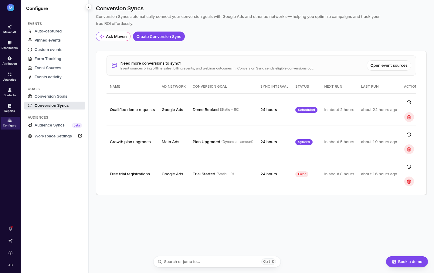 Conversion Syncs table in Usermaven showing sync name, ad network, conversion goal, sync interval, status, next run, and last run columns.