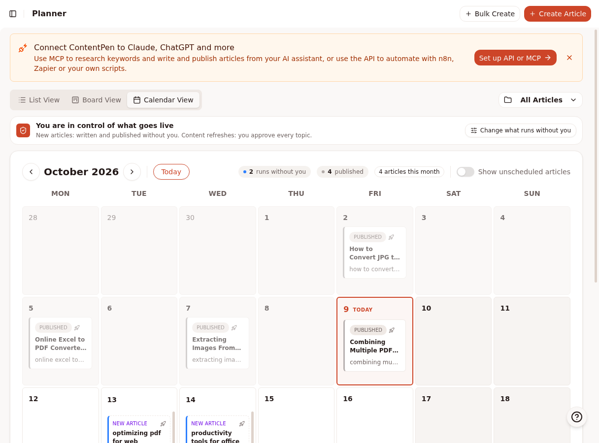 The Planner calendar showing scheduled articles, each labelled as written by Autopilot, alongside two upcoming Autopilot topics marked on their dates.