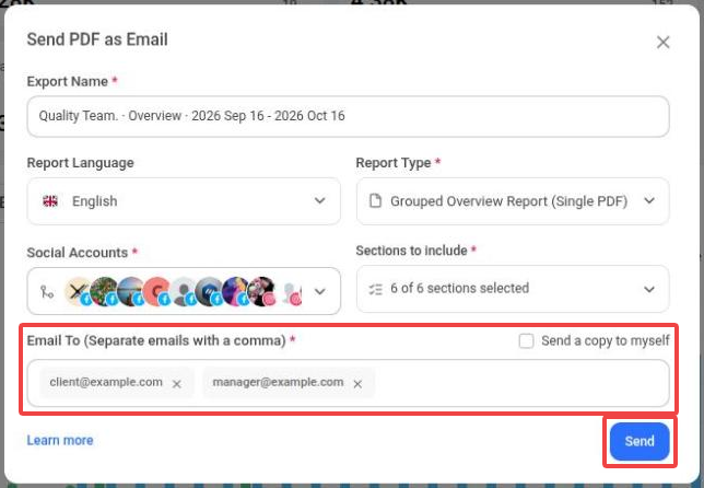 Send PDF as Email dialog with Grouped overview report selected and two email addresses added; the Email To field, the Send a copy to myself option and the Send button are highlighted