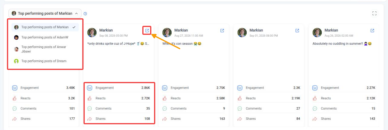 Top performing posts with the competitor selector open and each post’s engagement, reacts, comments and shares