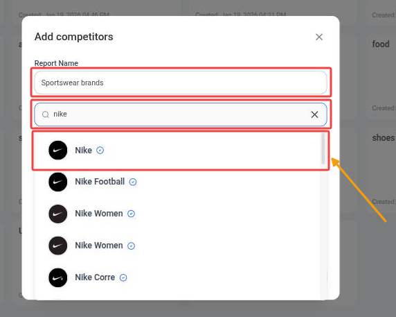 Add competitors window with a report name and Facebook Page search results