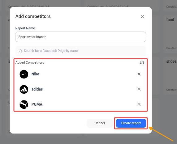 Added competitors with the 3/5 counter and the Create report button