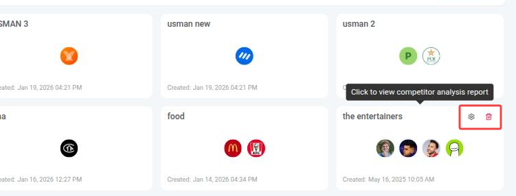 Settings (gear) and delete (trash) icons shown when hovering over a report card