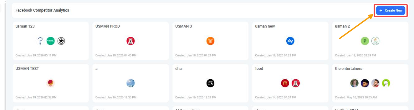Create New button on the Facebook competitor report list